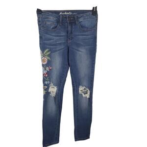 Machine Jeans Womens Juniors 1 Floral Embroidered Skinny Leg Distressed Mid Rise